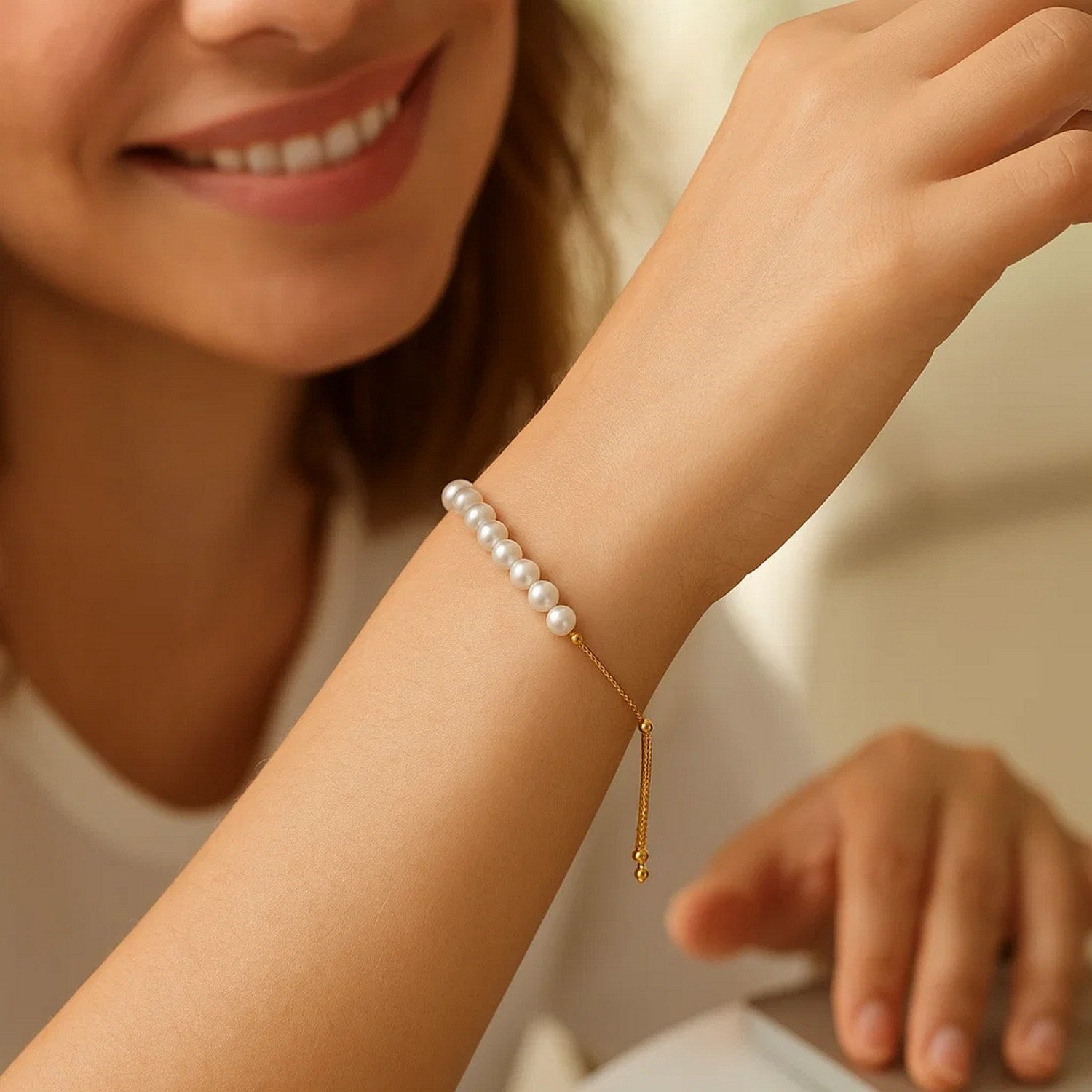 14k Yellow and White Gold Adjustable Friendship Bracelet with Pearls