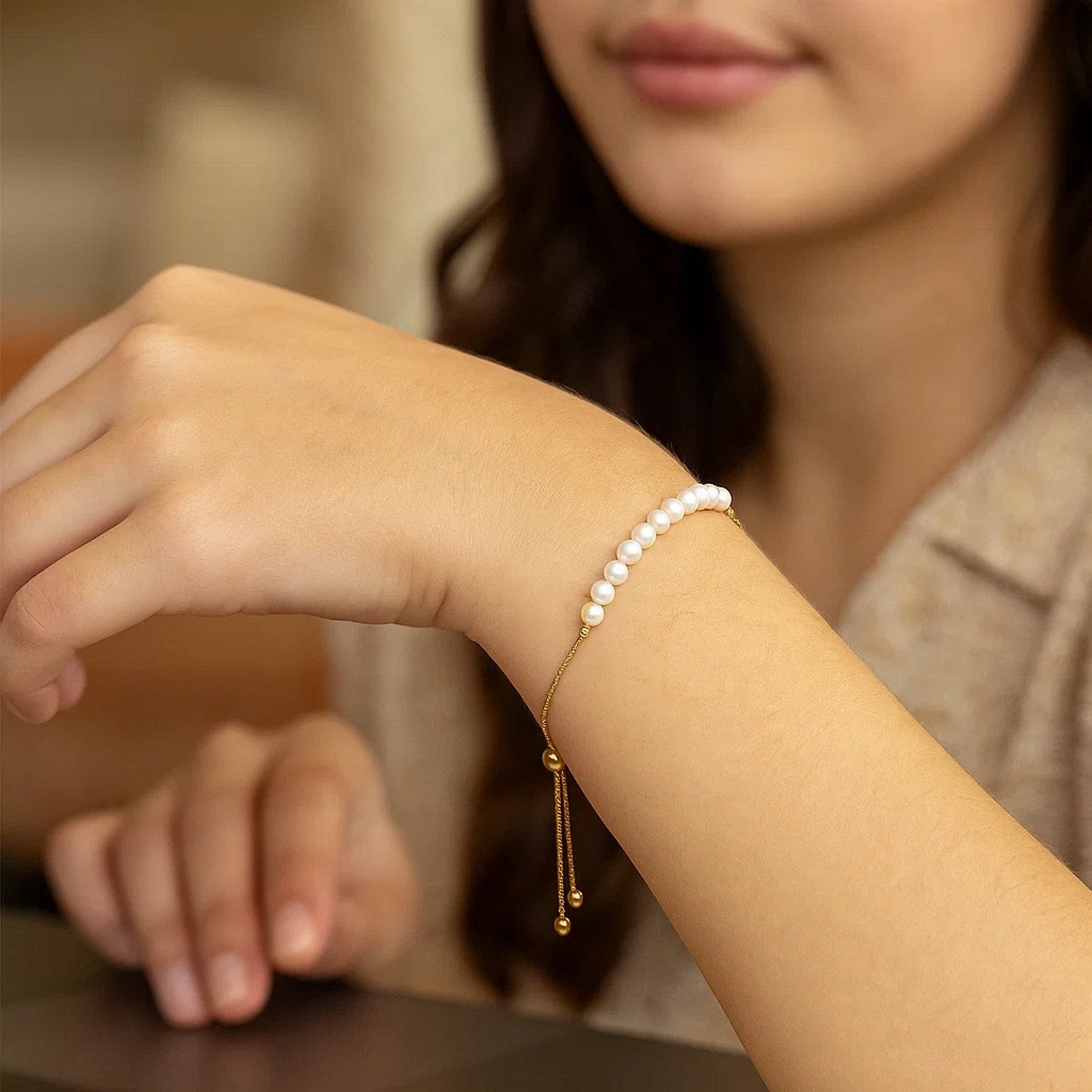 14k Yellow and White Gold Adjustable Friendship Bracelet with Pearls