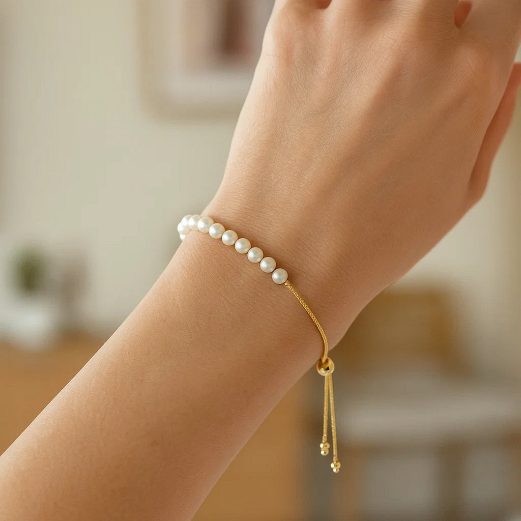 14k Yellow and White Gold Adjustable Friendship Bracelet with Pearls
