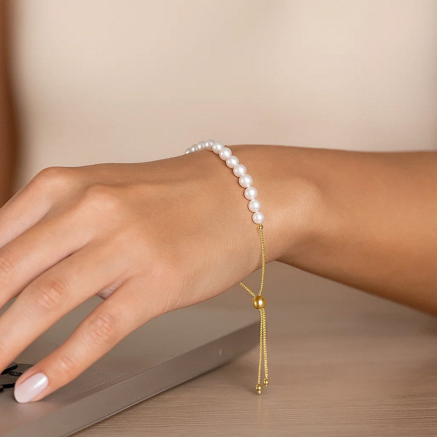 14k Yellow and White Gold Adjustable Friendship Bracelet with Pearls