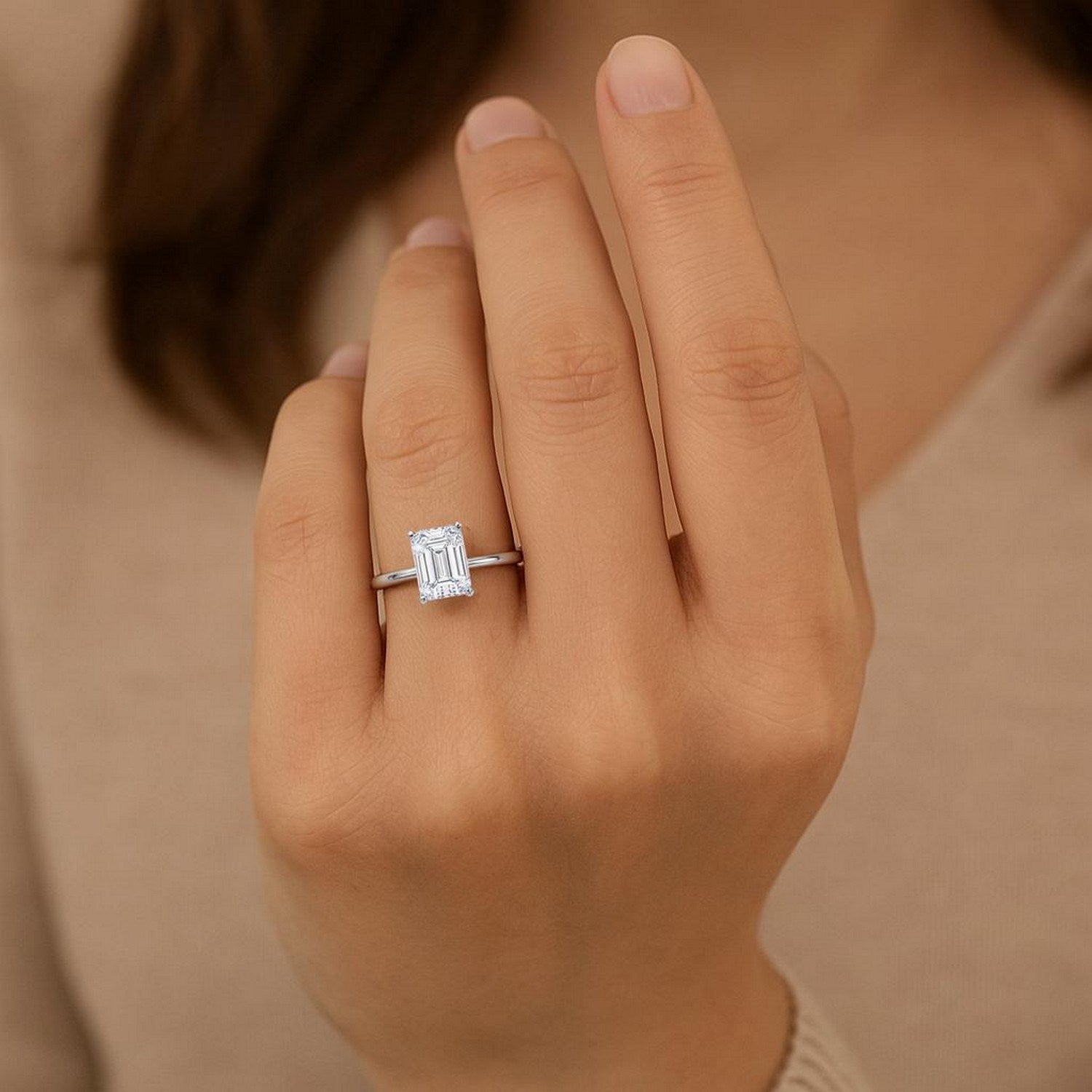 2 Carat Emerald Cut Lab Grown Diamond Solitaire Ring in 10K White Gold | IGI Certified G VS1