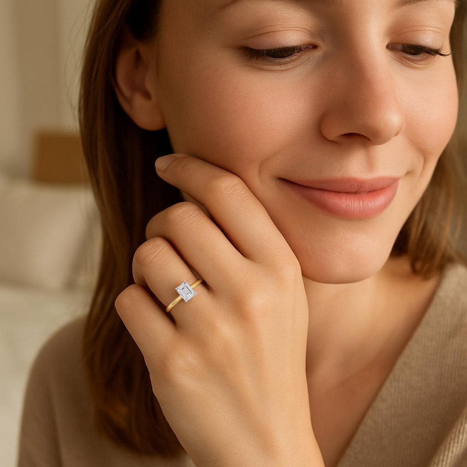 1 Carat Emerald Cut Lab Grown Diamond Solitaire Ring in 10K Yellow Gold | IGI Certified G VS1