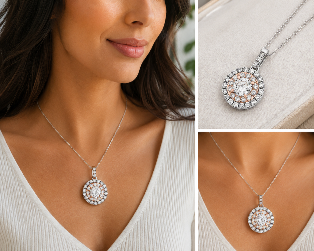 Round Shape Halo Diamond Pendant in 14k White and Rose Gold (1/2 cttw)