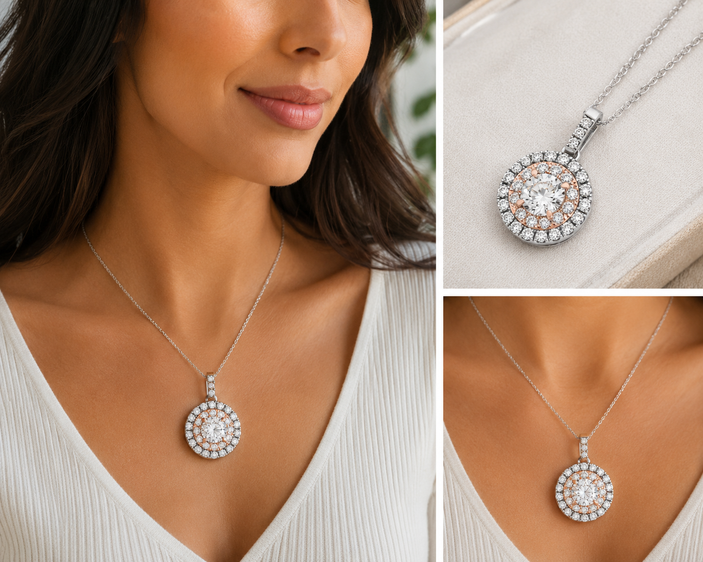 Round Shape Halo Diamond Pendant in 14k White and Rose Gold (1/2 cttw)